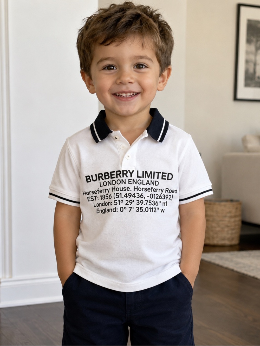 Burberry White Polo with Black Trim and Printed Logo - Kids
